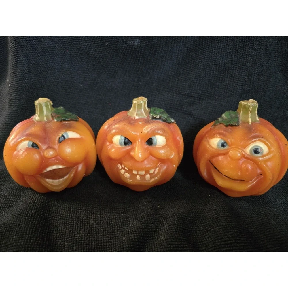 Vintage Halloween Pumpkin Jack O Lantern Faces Wax Candle Anthropomorphic‎ Qty 3